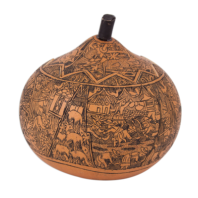 Gourd decorative box, 'Andean Trilogy' - Hand Carved Andean Trilogy Sun and Moon Gourd Decorative Box