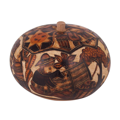 Hand Carved Andean Traditional Village Gourd Decorative Box