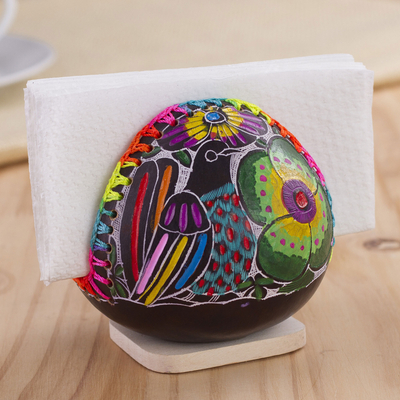 Gourd napkin holder, 'Bright Song' - Colorful Bird and Flowers Hand Painted Gourd Napkin Holder