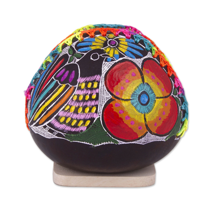 Gourd napkin holder, 'Bright Song' - colourful Bird and Flowers Hand Painted Gourd Napkin Holder
