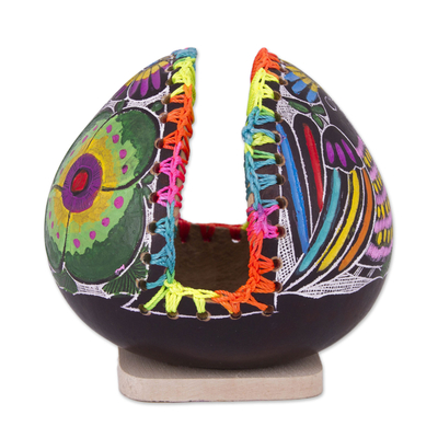 Gourd napkin holder, 'Bright Song' - Colorful Bird and Flowers Hand Painted Gourd Napkin Holder