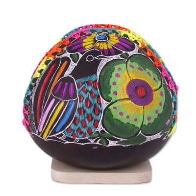 Gourd napkin holder, 'Bright Song' - colourful Bird and Flowers Hand Painted Gourd Napkin Holder