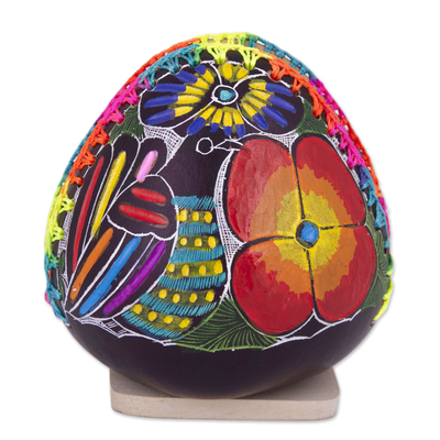 Servilletero de calabaza - Servilletero de calabaza pintado a mano con flores y pájaros coloridos