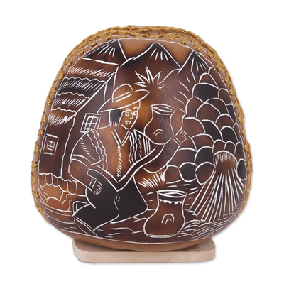Gourd napkin holder, 'Pastoral Valley' - Andean Valley Life Hand Carved Gourd Napkin Holder