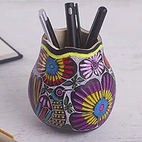 Gourd pen and pencil holder, 'Whistle While You Work' - colourful Bird and Flowers Hand Painted Gourd Desk Accessory