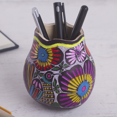 Gourd pen and pencil holder, 'Whistle While You Work' - Colorful Bird and Flowers Hand Painted Gourd Desk Accessory