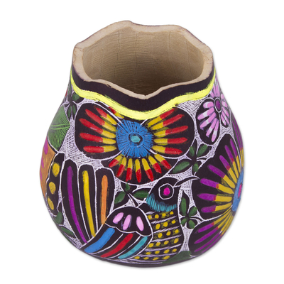 Portalápices y bolígrafo de calabaza - Colorido pájaro y flores pintado a mano accesorio de escritorio de calabaza