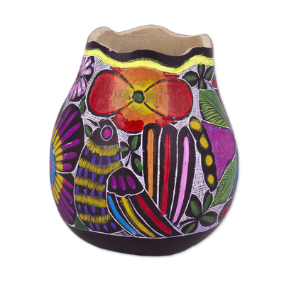 Gourd pen and pencil holder, 'Whistle While You Work' - Colorful Bird and Flowers Hand Painted Gourd Desk Accessory
