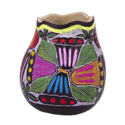 Gourd pen and pencil holder, 'Whistle While You Work' - colourful Bird and Flowers Hand Painted Gourd Desk Accessory