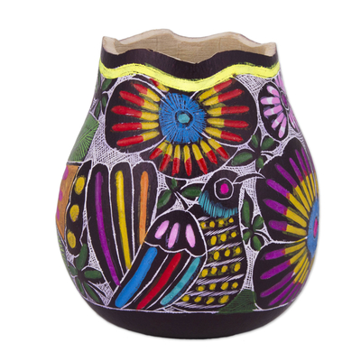Gourd pen and pencil holder, 'Whistle While You Work' - colourful Bird and Flowers Hand Painted Gourd Desk Accessory