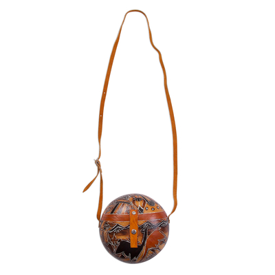 Bolso bandolera de calabaza - Bolso de hombro de calabaza tallada a mano con correa decorativa de cuero