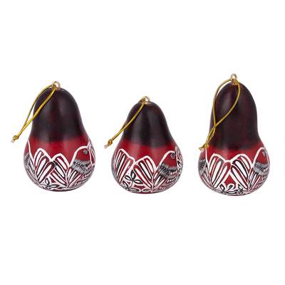 Gourd holiday ornaments, 'Bird Chorus' (set of 3) - Hand Crafted Bird and Flower Gourd Ornaments (Set of 3)