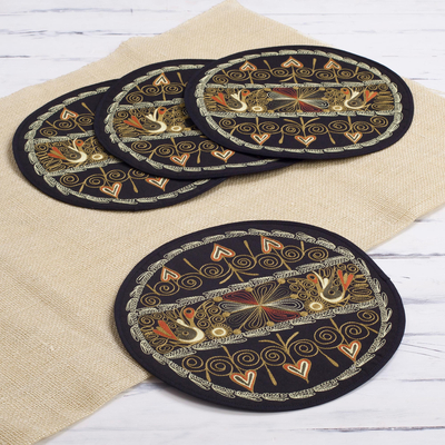 Embroidered placemats, Heart Shower in Pumpkin (set of 4)
