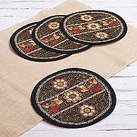 Embroidered placemats, 'Flowering Colca in Camel' (set of 4) - Floral Placemats in Camel (Set of 4) from Peru
