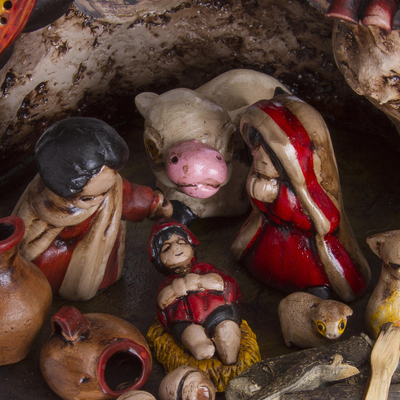 Ceramic sculpture, 'Christmas in the Grotto' - Rustic Peruvian Handcrafted Ceramic Nativity Scene Sculpture