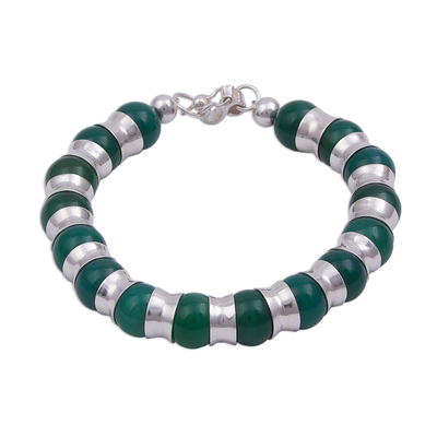 Agate beaded bracelet, 'Passion of Peru in Green' - Peruvian Green Agate and Sterling Silver Beaded Bracelet
