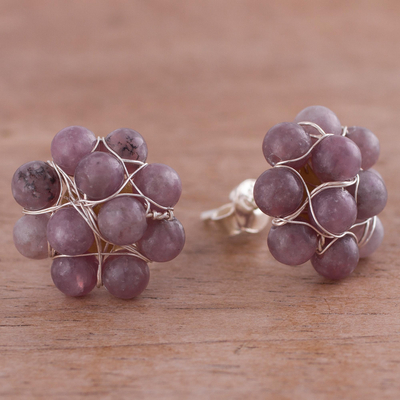 Lepidolite cluster button earrings, 'Andean Corsage in Wine' - Lepidolite and Sterling Silver Cluster Button Earrings