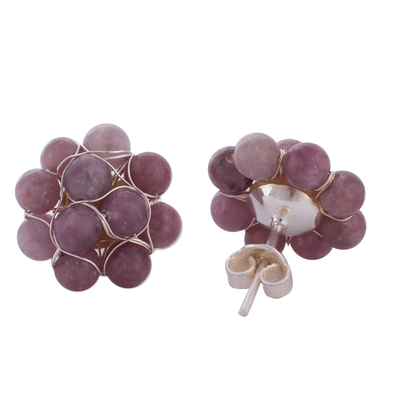 Lepidolite cluster button earrings, 'Andean Corsage in Wine' - Lepidolite and Sterling Silver Cluster Button Earrings