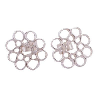 Sterling silver button earrings, 'Honeycomb Blossom' - Artisan Crafted Sterling Silver Button Earrings from Peru