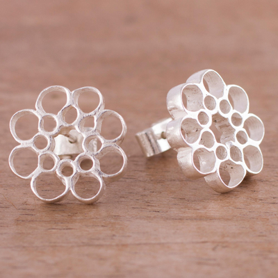 Sterling silver button earrings, 'Honeycomb Blossom' - Artisan Crafted Sterling Silver Button Earrings from Peru
