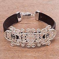 Sterling silver and leather wristband bracelet, 'Our Heritage' - Sterling Silver and Leather Wristband Bracelet
