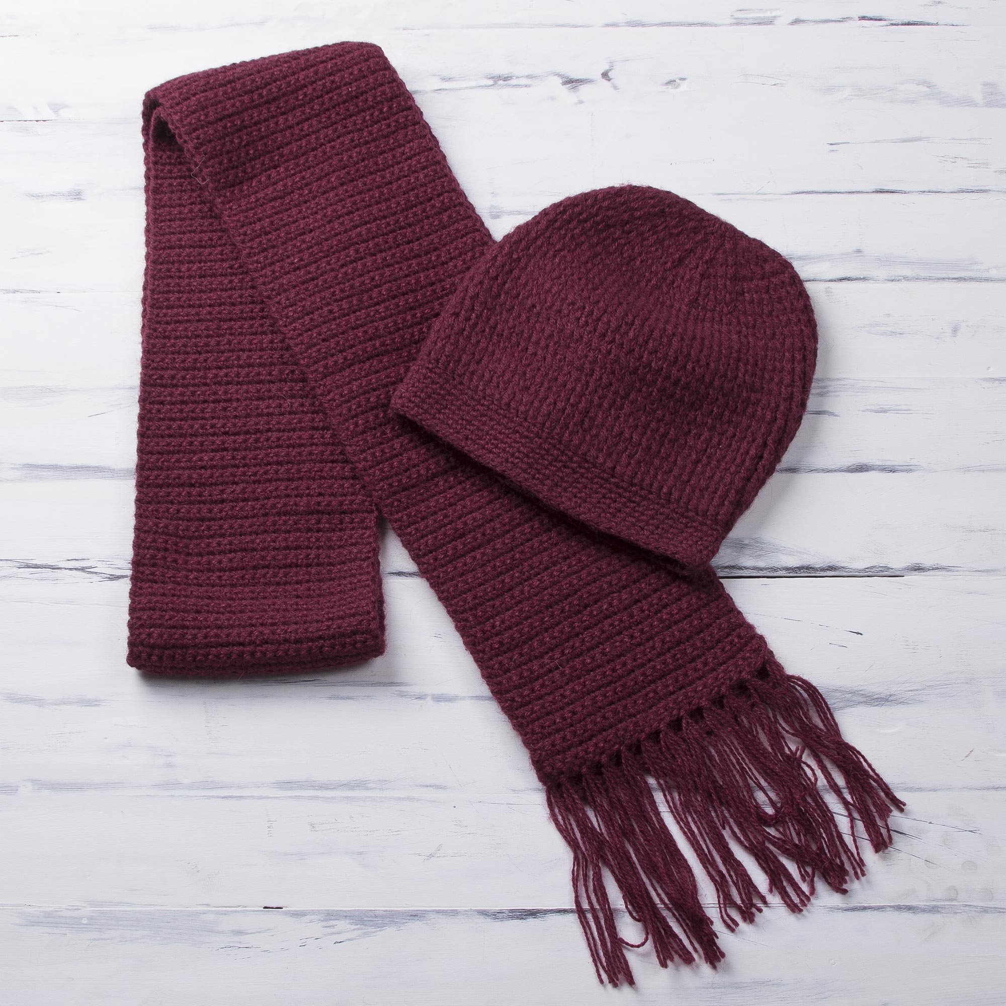 burgundy hat and scarf