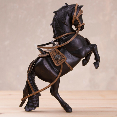 Mahogany and leather sculpture, 'Indomitable Horse' - Handcrafted Mahogany and Leather Horse Sculpture from Peru