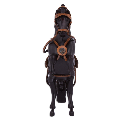 Mahogany and leather sculpture, 'Indomitable Horse' - Handcrafted Mahogany and Leather Horse Sculpture from Peru