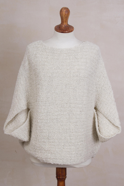 Alpaca blend poncho, 'Texture Treasure' - Ivory Alpaca Wool Blend Poncho with Arm Openings
