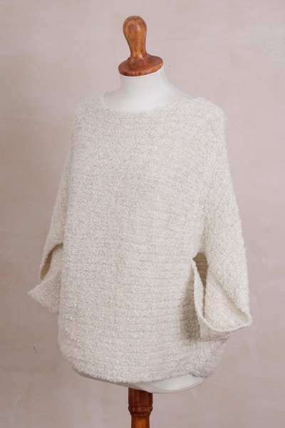 Alpaca blend poncho, 'Texture Treasure' - Ivory Alpaca Wool Blend Poncho with Arm Openings