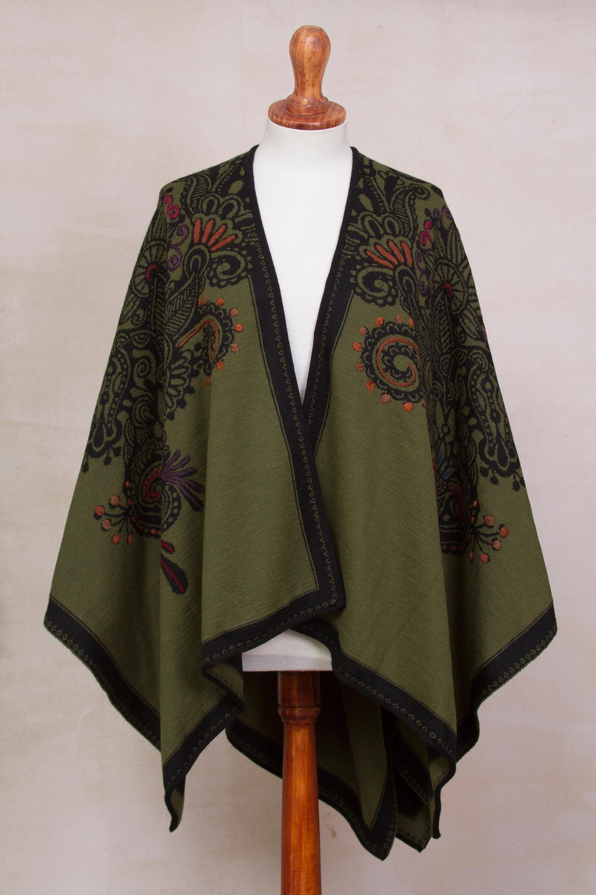 Olive Green and Black Reversible Floral Alpaca Blend Ruana - Colonial ...
