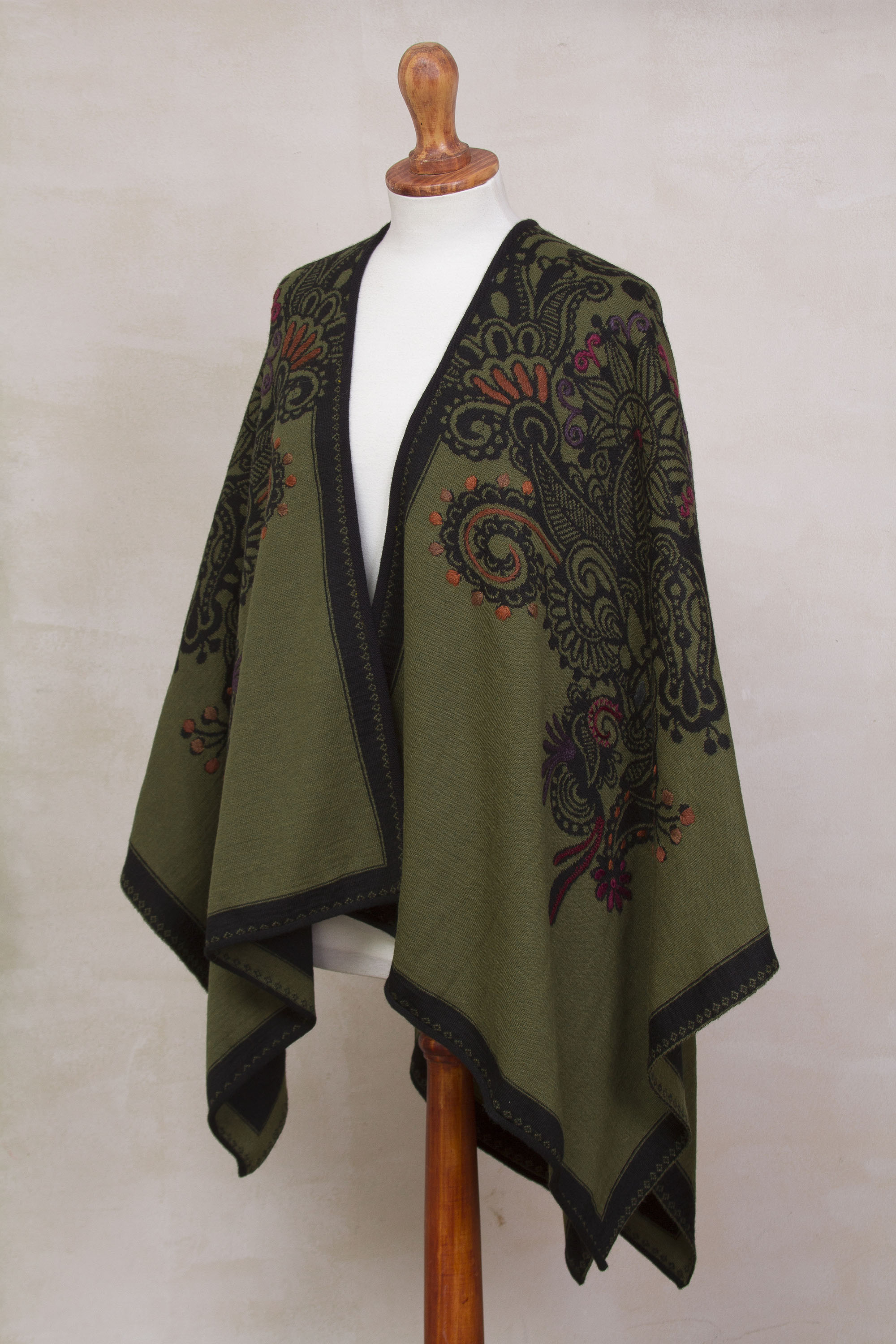 Olive Green and Black Reversible Floral Alpaca Blend Ruana - Colonial ...
