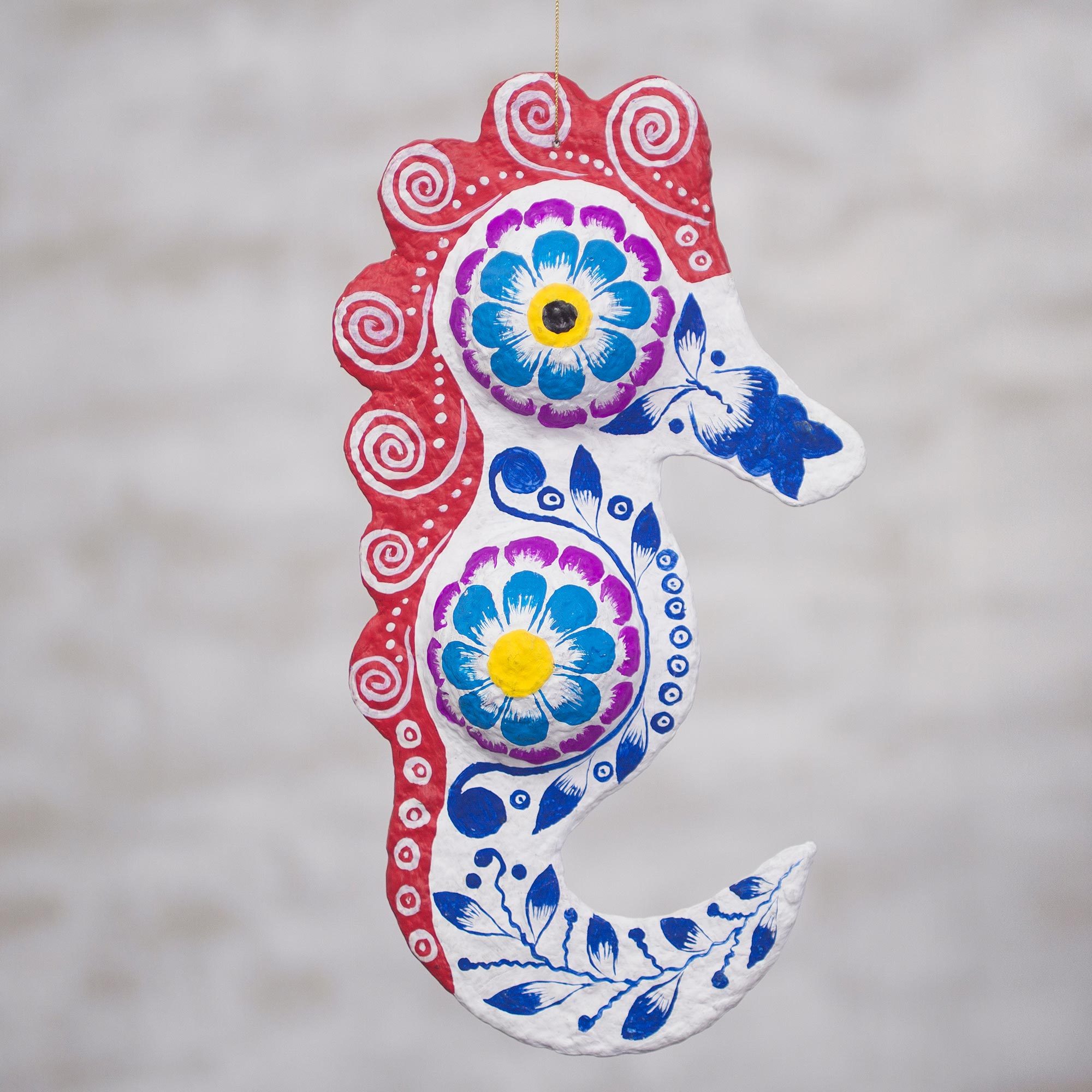 MultiColor Recycled Papier Mache Seahorse Home Accent Floral