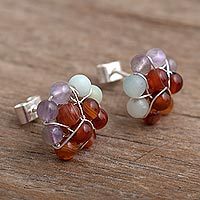 Agate cluster earrings, 'Andean Garden' - Agate Bead Cluster Flower and Sterling Silver Earrings