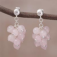 Rose quartz cluster earrings, 'Cascading in Pink' - Rose Quartz Bead Cluster and Sterling Silver Dangle Earrings