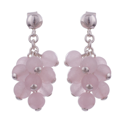 Rose Quartz Bead Cluster and Sterling Silver Dangle Earrings