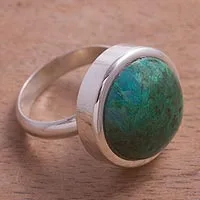 Anillo de cóctel Crisocola, 'Mar Tumultuoso' - Crisocola verde-azul y anillo de cóctel de plata de ley