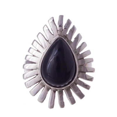 Obsidian cocktail ring, 'Drop of Elegance' - Peruvian Teardrop Obsidian and Sterling Silver Cocktail Ring