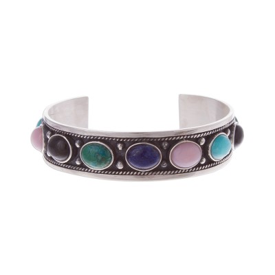 Multi-gemstone cuff bracelet, 'Colorful Arc' - Sterling Silver Cuff Bracelet Adorned with Gemstones