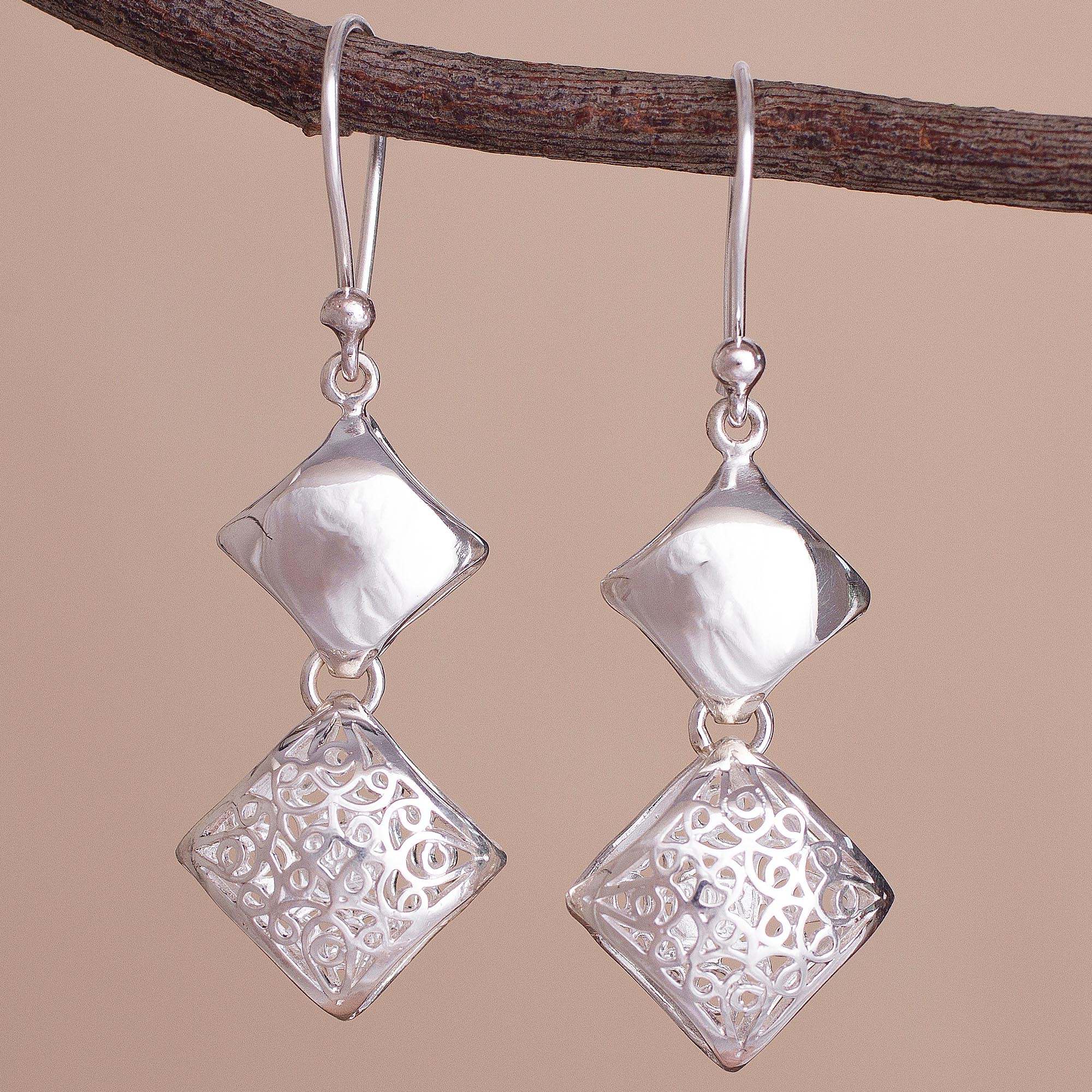 Sterling Silver Double Diamond Shaped Dangle Earrings Refined