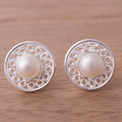 Cultured Pearl And Sterling Silver Circle Stud Earrings Cultured Pearl Stud Earrings Circle Splendor And Sterling Silver