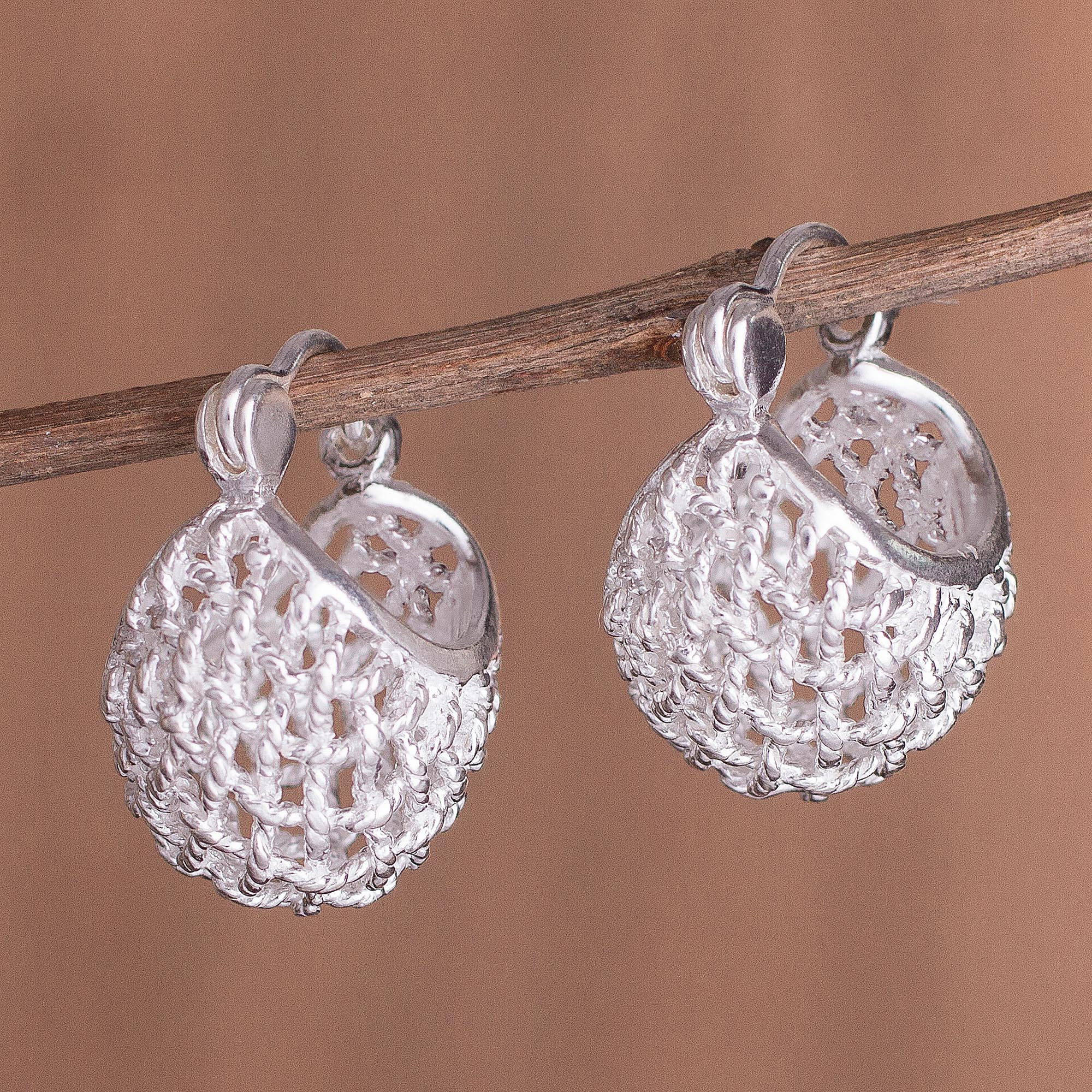 Handcrafted Sterling Silver Basket Rope Motif Hoop Earrings Precious