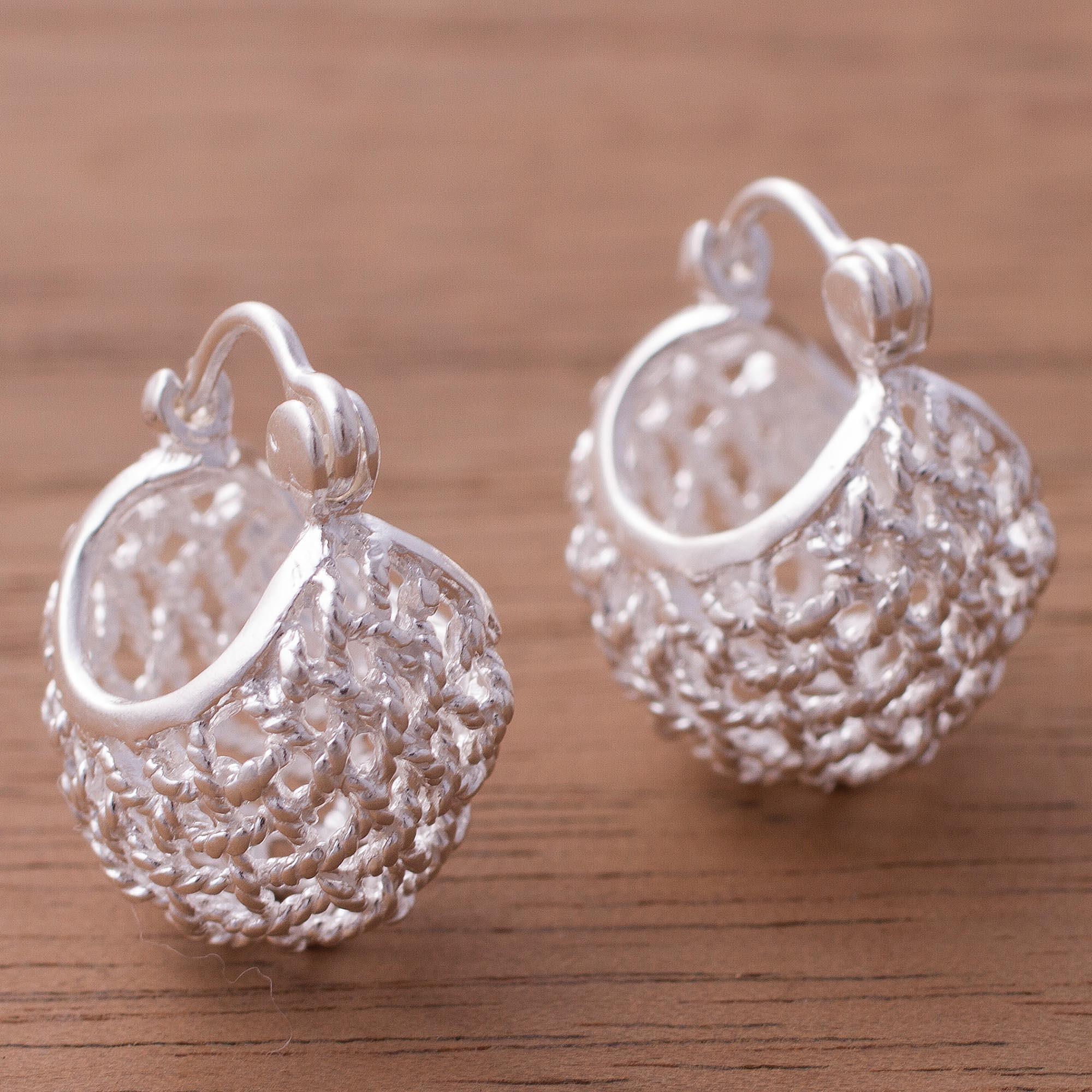 Handcrafted Sterling Silver Basket Rope Motif Hoop Earrings Precious