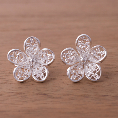 Handcrafted Sterling Silver Openwork Flower Button Earrings - Lacy ...