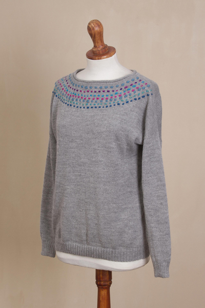 100% baby alpaca sweater, 'Weekend Delight' - Grey 100% Baby Alpaca Pullover Sweater from Peru