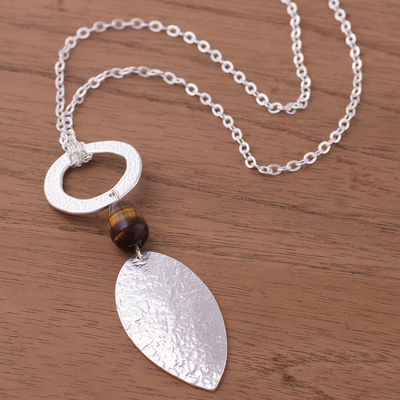 Sterling silver plated tiger's eye pendant necklace, 'Silver Leaf in the Wind' - Silver Plated Tiger's Eye Pendant Necklace from Peru