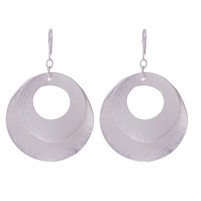Silver plated dangle earrings, 'Rings of Silver' - Fine Silver Plated Dangle Earrings with Textured Round Shape
