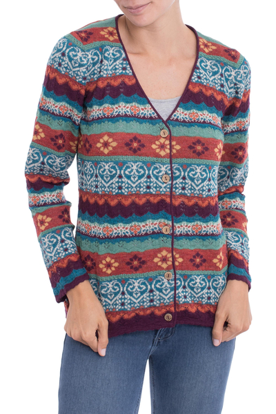 100% baby alpaca cardigan, 'Layered Intricacy' - Multicolor Stripe Alpaca Long-Sleeve V-Neck Knit Cardigan