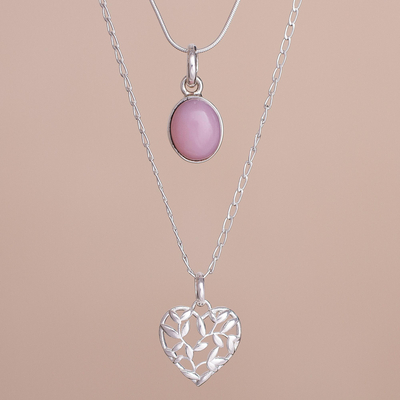 Opal pendant necklace, 'Doubly Cherished' - Rose Opal and Sterling Silver Heart Pendant Necklace Duo