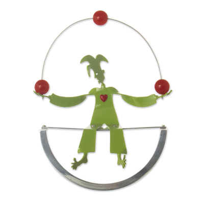Aluminum sculpture, 'Jolly Juggler' - Juggling Harlequin Green Aluminum Handcrafted Sculpture